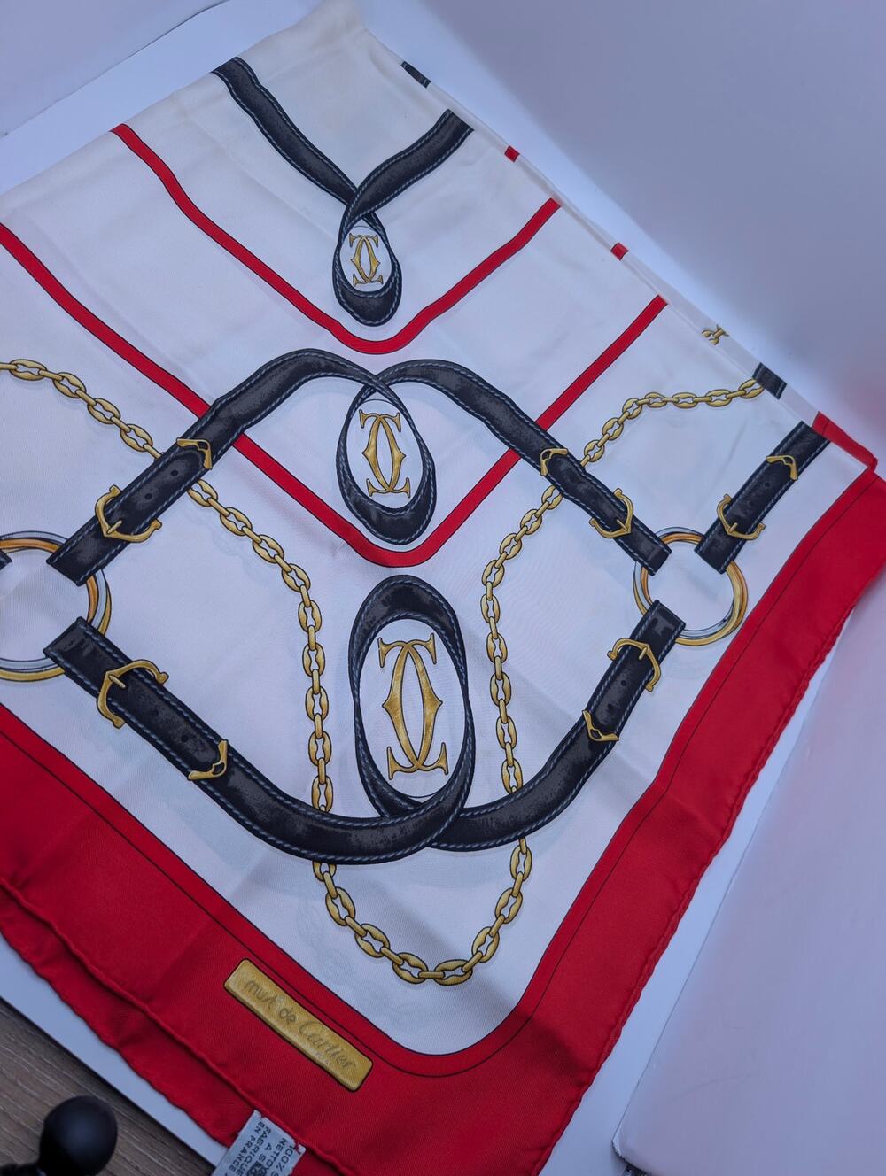 Cartier Must de Cartier Silk Scarf Chain & Buckle Print - Red, Blue & Gold 33x33